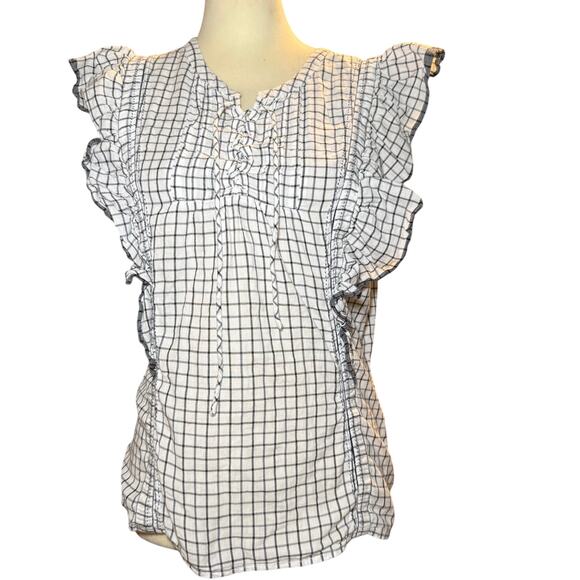 Scotch & Soda Tops - Scotch & Soda Amsterdam Blauw Ruffle Lace Up Top, Black White Windowpane, Medium